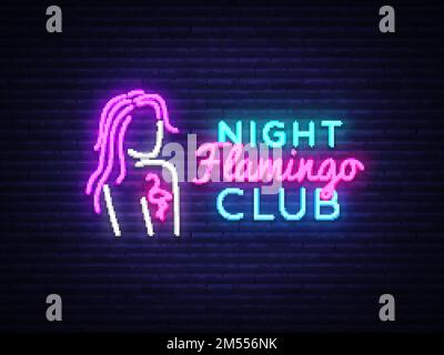 Vecteur logo Neon Night Club. Flamingo Neon Sign concept, modèle de conception, design moderne, panneau de signalisation de nuit au néon, publicité de nuit lumineuse, lumière b Illustration de Vecteur