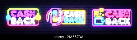 Modèle de conception de vecteur de collection d'affiches fluo de remboursement. Symboles Cash Back logo néon, élément de conception de bannière lumineuse coloré moderne design tendance, nuit b. Illustration de Vecteur