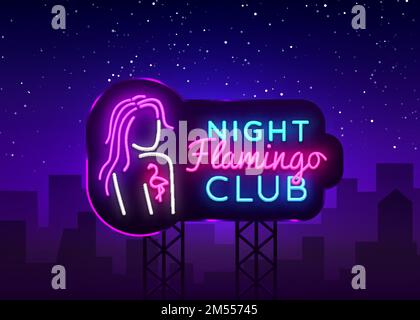 Vecteur logo Neon Night Club. Flamingo Neon Sign concept, modèle de conception, design moderne, panneau de signalisation de nuit au néon, publicité de nuit lumineuse, lumière b Illustration de Vecteur