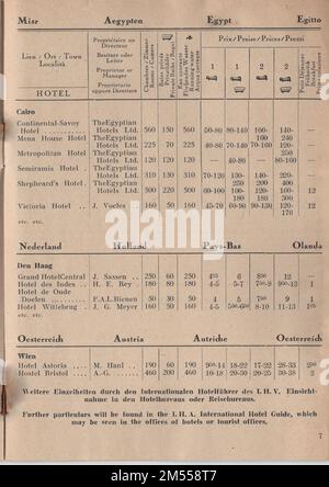 Hotel Guide of the International Hotelman's Association Köln / Cologne 1937 / Hotelführer des Internationalen Hotelbesitzer - Vereins Cologne / pour nos clients / für unsere Gäste . / Guide des Hôtels de l'Union internationale Hoteliére / Guide degli Alberghi dell'Unione Internazionale Alberghiera / Colognia / pour nos Hotes / per i nostri OSPITI / Brochure Vintage Tarifs / les prix sont à lire dans la monnaie des pays respectifs / I prezzi s intendono nella valuta del paese / Die Preise verstehen sich in der Währung des Landes / les prix s entendent en monnaie nationale : Egypte. Banque D'Images