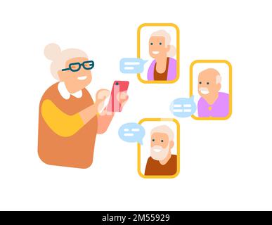 Les personnes âgées envoient des SMS et reçoivent des e-mails sur leur smartphone. Femme âgée appréciant la communication avec des amis. Appel vidéo. Grand-mère envoyant un message Illustration de Vecteur