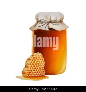 Pot en verre aquarelle de miel ambré avec nid d'abeille. Illustration des vitamines de renforcement de l'immunité dessinées à la main Banque D'Images