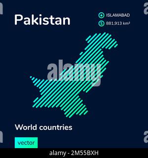 Carte du Pakistan. Vector créatif numérique fluo plat art abstrait carte simple avec vert, menthe, turquoise texture rayée sur fond bleu foncé. E Illustration de Vecteur