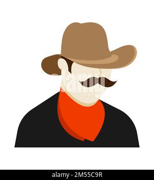 Portrait de cow-boy avec moustache épaisse et chapeau à large bord. Tireur, bandit, shérif de l'ouest sauvage. Vecteur de dessin animé isolé sur fond blanc Illustration de Vecteur