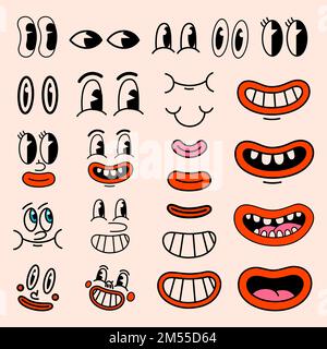 Personnages de dessin animé rétro visages amusants. Vintage 50s, 60s comics yeux et éléments de bouche. Visages smiley vectoriels avec des émotions drôles. Illustration de Vecteur