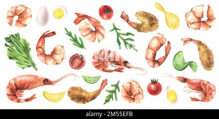 Un grand ensemble de crevettes, de légumes et d'ingrédients variés. Illustration aquarelle de la collection DE CREVETTES. Pour la conception et la décoration de Banque D'Images