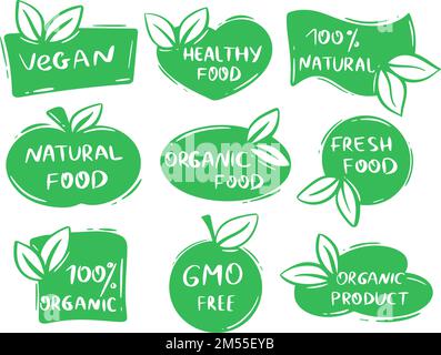 Jeu d'étiquettes biologiques dessinées à la main. Autocollants produits biologiques sains Illustration de Vecteur