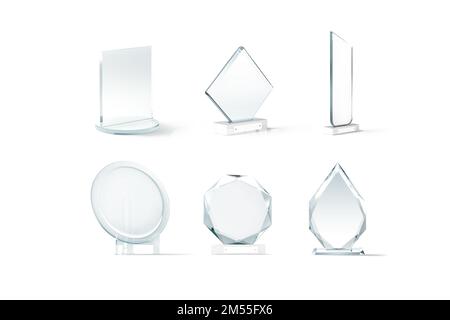 Maquette de trophées de verre vierge, différents types, rendu 3D. Diplôme en cristal vide, losange, manhattan, plaque, flèche, maquette de la série de prix, isola Banque D'Images