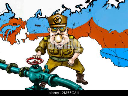 Dessin animé d'un soldat russe qui a coupé le gazoduc européen Nord Stream 2. Banque D'Images