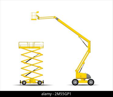 Ensemble d'images des plates-formes de levage automotrices. ciseau et élévateur articulé. Illustration vectorielle. Illustration de Vecteur