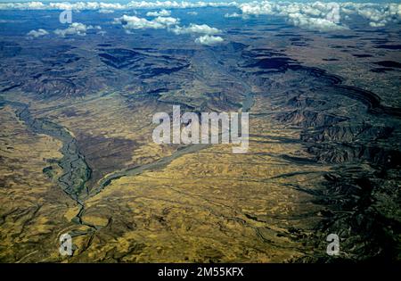 Éthiopie, 1970s, Haut plateau, vue aérienne des hauts plateaux, montagnes, Nuages, région d'Amhara, Afrique de l'est, Banque D'Images