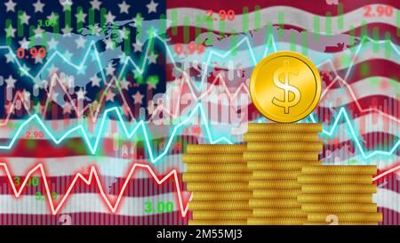 Modification de la valeur du dollar, du taux, de la demande sur le marché et du concept d'inflation avec drapeau national de l'Amérique. Banque D'Images