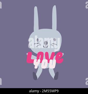 Joli lapin avec des lettres dessinées à la main Love You. Illustration de Vecteur