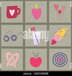 Collection de cartes carrées avec différents symboles de Saint-Valentin dessinés à la main. Motif à carreaux sans couture. Illustration de Vecteur