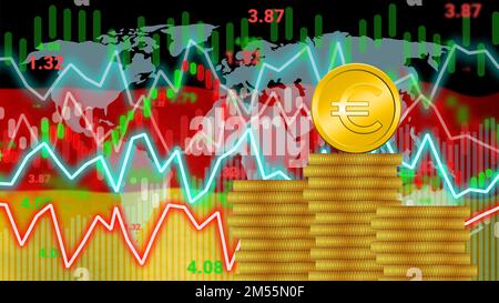 Modification de la valeur, du taux, de la demande sur le marché et du concept d'inflation en euros avec le drapeau national de l'Amérique. Banque D'Images