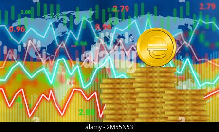 Modification de la valeur, du taux, de la demande sur le marché et du concept d'inflation de hryvnia avec le drapeau national de l'Amérique. Banque D'Images