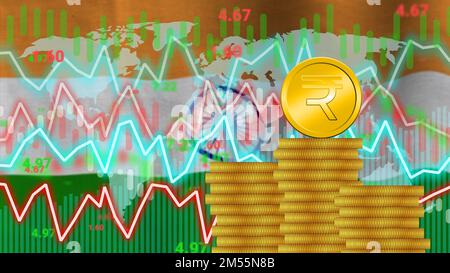 Modification de la valeur de la roupie, du taux, de la demande sur le marché et du concept d'inflation avec le drapeau national de l'Amérique. Banque D'Images