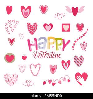 Ensemble de formes de coeur dessinées à la main et lettrage à la main Happy Valentine. Illustration de Vecteur