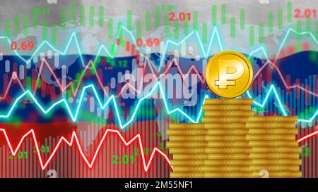 Modification de la valeur du rouble, du taux, de la demande sur le marché et du concept d'inflation avec le drapeau national de l'Amérique. Banque D'Images