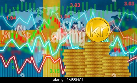 Modification de la valeur, du taux, de la demande sur le marché et du concept d'inflation de la couronne swidish avec drapeau national de l'Amérique. Banque D'Images