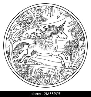 licorne de course en forme de cadre de fleur rond. Cheval magique de dessin à la main pour colorier livre, tatouage, conception de chemises, puzzle, imprimé, décor. Vecteur stylisé i Illustration de Vecteur