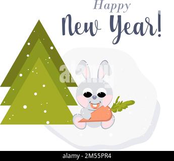 Nouvel an avec dessin animé lapin. Joli design pour Noël ou le nouvel an carte de voeux, invitation, affiche. Illustration de Vecteur