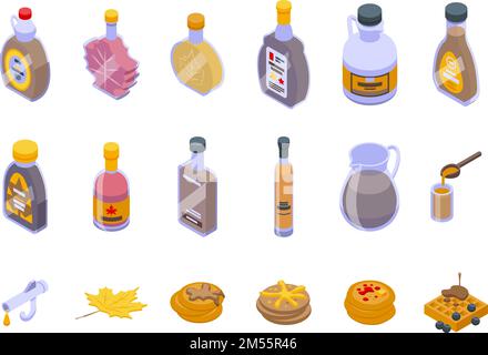 Les icônes de sirop d'érable définissent le vecteur isométrique. Bouteille de sucreries. Pile de crêpes Illustration de Vecteur