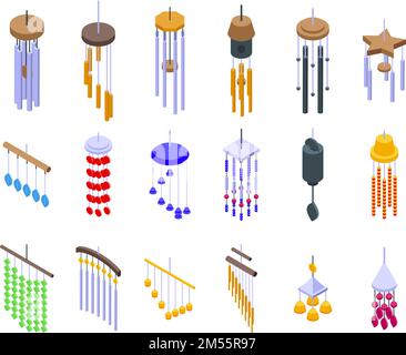 Les icônes de carillon de vent définissent un vecteur isométrique. Décoration or. Cloche en bois Illustration de Vecteur