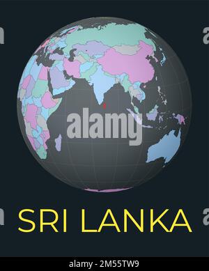 Carte du monde centrée sur le Sri Lanka. Pays rouge mis en surbrillance. Vue satellite du monde centrée sur le pays avec le nom. Illustration vectorielle. Illustration de Vecteur