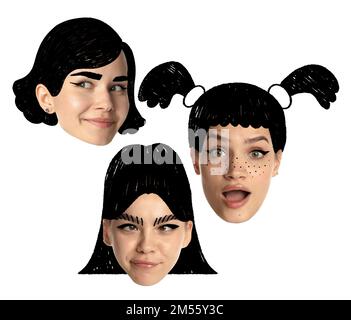 Ensemble de jeunes femmes visages, têtes humaines avec drôles de cheveux dessinés, coiffures. Curly et droit, quads, bob ou pank et rétro. Beauté, mode concept Banque D'Images