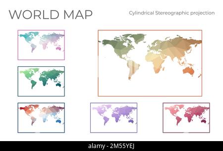 Jeu de cartes à faible Poly World. Projection stéréographique cylindrique. Collection de cartes du monde en style géométrique. Illustration vectorielle. Illustration de Vecteur