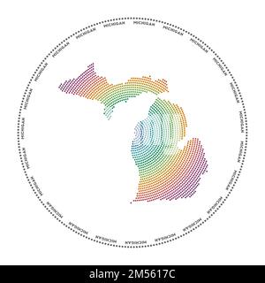Logo rond Michigan. Forme de style numérique du Michigan en cercle pointillé avec le nom de l'état américain. Icône Tech de l'état américain avec des points dégradés. Illustration de Vecteur