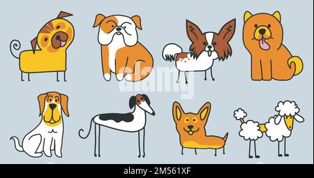 Modèle de nombreuses races de chiens différentes. poodle, malamute, terrier de renard, mastiff, shar pei, chihuahua, spitz Illustration de Vecteur