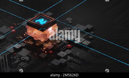 Ai isométrique avec cube sur fond de carte de circuit imprimé sombre, illustration sous la forme d'une page d'arrivée pour un site Web, un serveur traitant les big data. 3d Banque D'Images