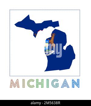 Logo Michigan. Carte du Michigan avec le nom de l'État et le drapeau. Illustration vectorielle authentique. Illustration de Vecteur