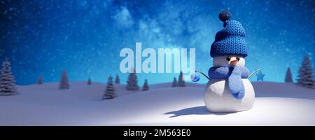 Arrière-plan d'hiver avec bonhomme de neige mignon. Nuit étoilée sur un paysage enneigé rendu 3D Banque D'Images