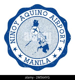 Ninoy Aquino aéroport de Manille timbre. Logo rond de l'aéroport de Manille avec emplacement sur la carte des Philippines marquée par un avion. Illustration vectorielle. Illustration de Vecteur