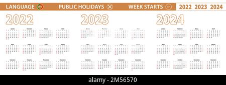 Calendrier vectoriel de 2022, 2023, 2024 ans en portugais, la semaine commence le dimanche. Calendrier vectoriel. Illustration de Vecteur