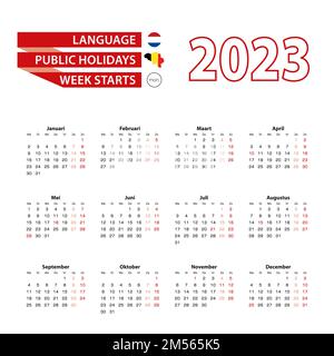 Calendrier 2023 en néerlandais avec jours fériés le pays de la Belgique en 2023. La semaine commence le lundi. Illustration vectorielle. Illustration de Vecteur