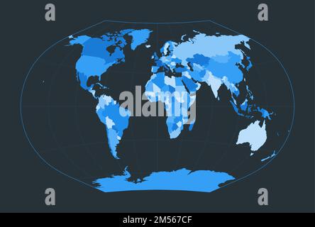 Carte du monde. Projection Ginzburg V. Illustration futuriste pour votre infographie. Belle palette de couleurs bleues. Illustration vectorielle puissante. Illustration de Vecteur
