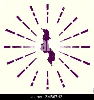Logo Malawi. Affiche grunge Sunburst avec carte du pays. Forme du Malawi rempli de chiffres hexagonaux avec des rayons de soleil autour. Illustration de Vecteur