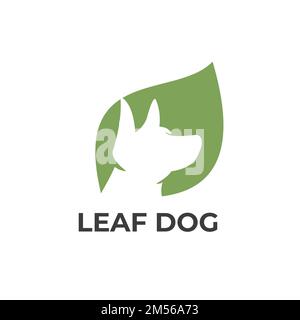 Modèle de logo chien. Symbole de feuille vert. Concept abstrait pour animaux de compagnie, magasin d'animaux de compagnie, magasin d'alimentation pour animaux de compagnie. Icône vecteur Illustration de Vecteur