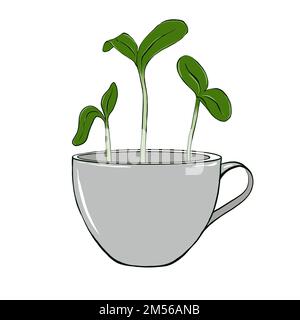 Pousses Microgreen dans le gobelet. Nourriture biologique naturelle, illustration dessinée à la main isolée sur fond blanc Banque D'Images