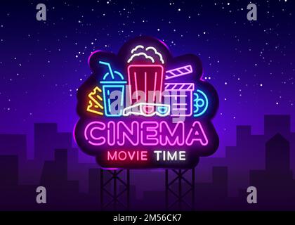 Vecteur du logo Neon de l'heure du film. Panneau néon de nuit de cinéma, modèle de conception, design moderne, panneau de signalisation néon de nuit, publicité de lumière de nuit, bannière lumineuse Illustration de Vecteur