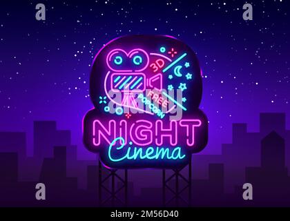 Vecteur du signe néon de la nuit cinéma. Film nuit Design modèle enseigne néon, bannière de lumière de cinéma, panneau néon, publicité lumineuse de nuit, lumière inscripti Illustration de Vecteur