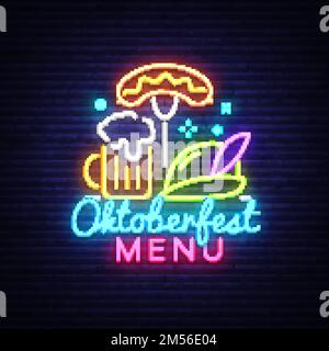 Neon Poster au festival de l'oktoberfest. Oktoberfest Menu Neon Sign Vintage vector gravure illustration pour l'invitation à la fête. Modèle de conception, Illustration de Vecteur