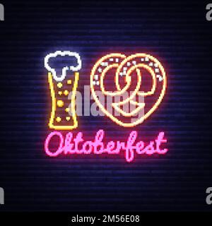 Neon Poster au festival de l'oktoberfest. I Love Oktoberfest concept Neon signe Vintage gravure vecteur illustration pour l'invitation à la fête. Conception Illustration de Vecteur
