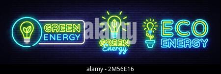 Enseignes Neon de la grande collection. Vecteur de logos Green Energy Neon. Vert énergie néon texte, modèle de conception, moderne tendance design, nuit néon panneau, nuit b Illustration de Vecteur