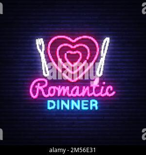 Dîner romantique Neon logo Vector. Panneau romantique au néon pour le dîner, modèle de design, design moderne, panneau de signalisation au néon de nuit, publicité à la lumière de nuit, très bon Illustration de Vecteur