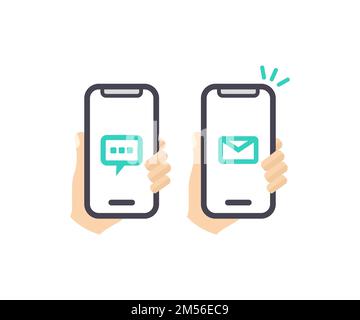 Téléphone portable avec logo de message en ligne. Messages téléphoniques en ligne. Interface de chat pour smartphone. Recevoir des notifications. Des personnes qui discutent. Illustration de Vecteur
